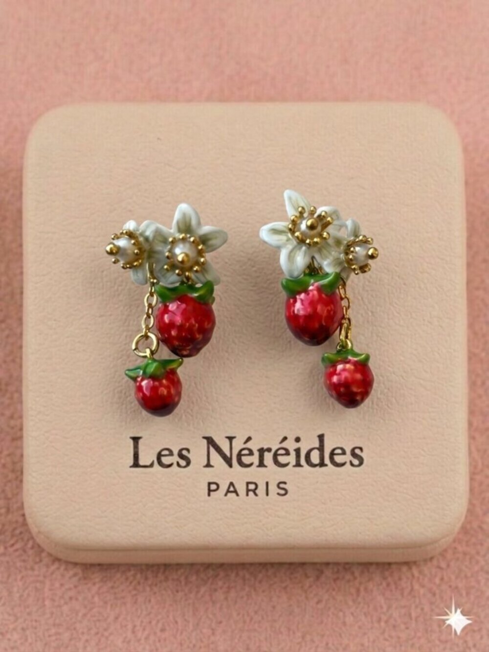 Les Néréides Raspberry Dangle Earrings Hand Painted Enamel Gold Vermeil Studs